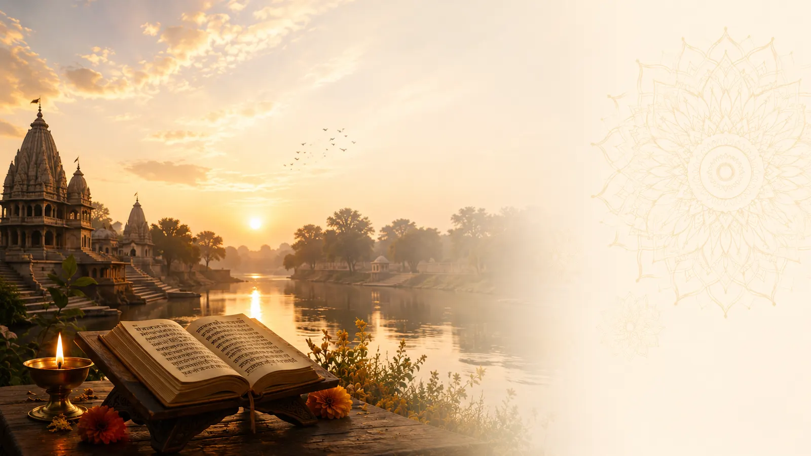 Temple ghats on a river at sunrise, an open pothi beside a lamp