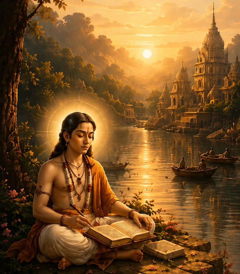Sant Dnyaneshwar writing under a tree beside a river at sunset